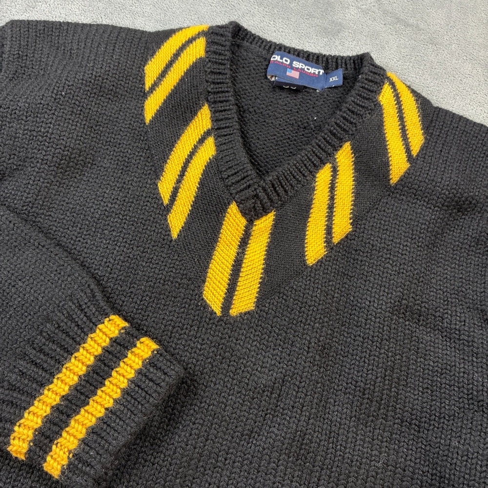Vtg Polo Sport Ralph Lauren Men XXL Black Yellow Wool Varsity V-Neck Sweater 90s